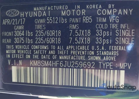 2018 Hyundai Santa Fe Se from USA, damaged, VIN KM8SM4HF6JU259692